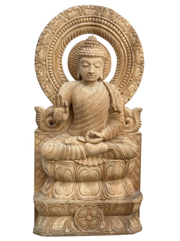 Ornate Halo Buddha Wooden Sculpture
