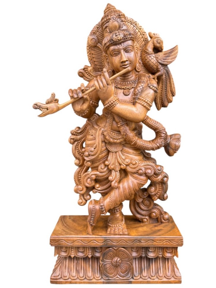 Flute Playing Lord Krishna Wooden Sculpture