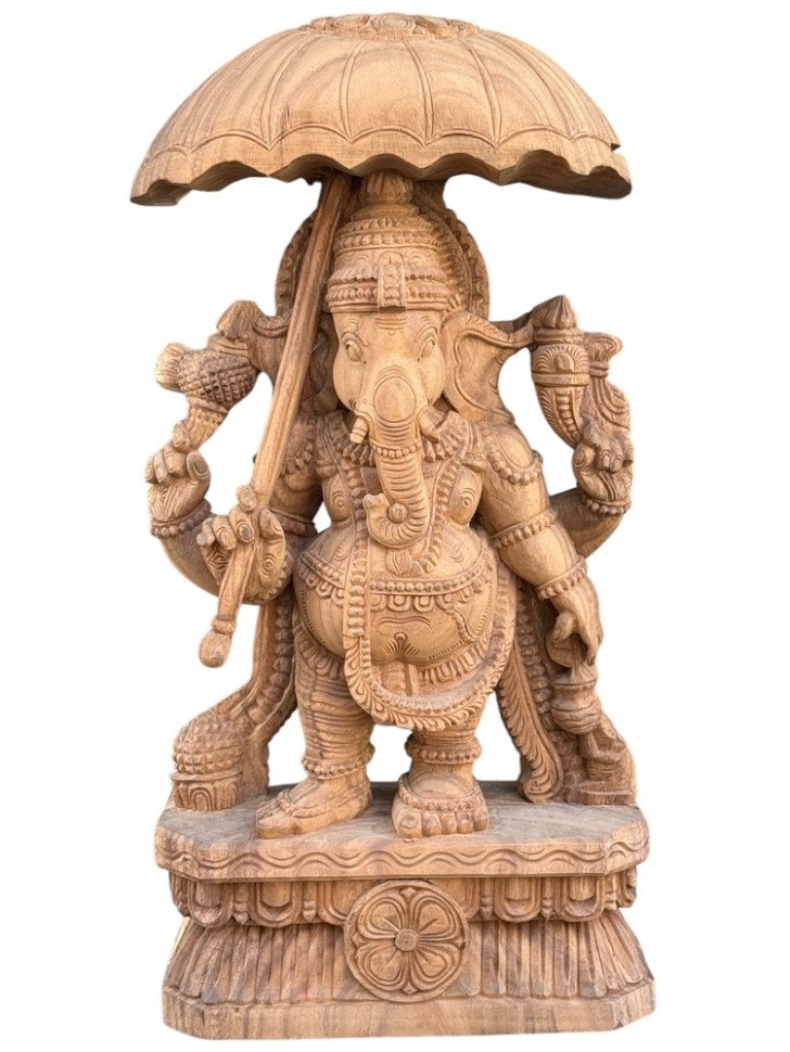 Handcrafted Wooden Ganesha Sculpture with Ornate Umbrella