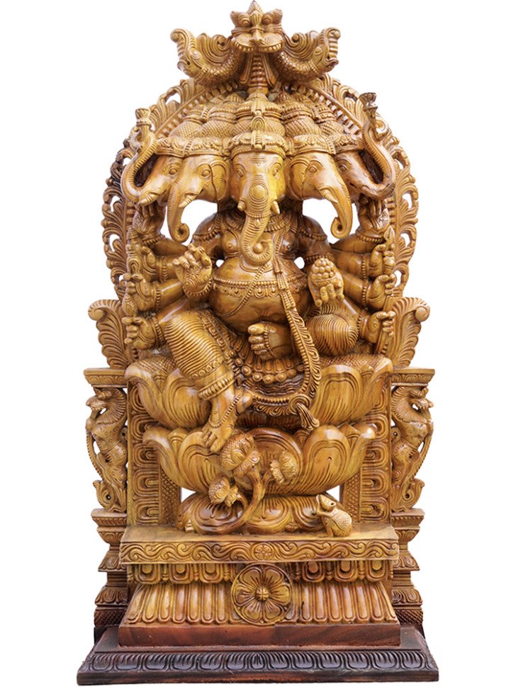 Lord Panchamukhi Ganapathi Wooden Sculpture