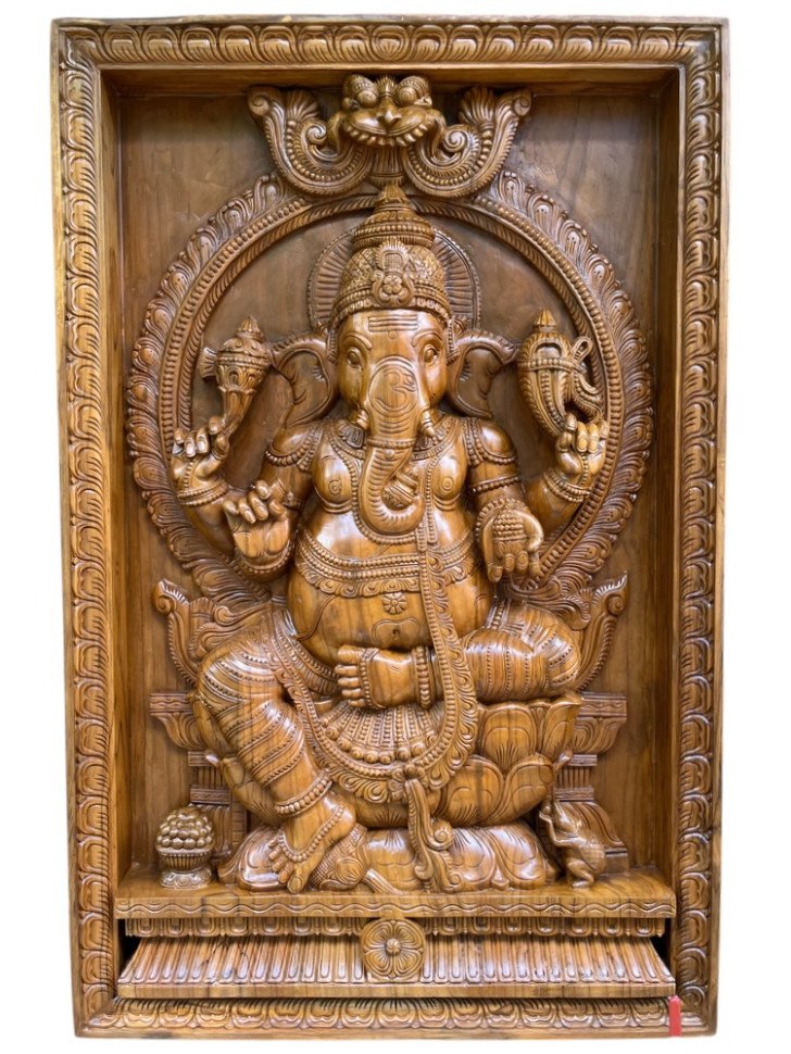 Ornate Lord Ganesha Wooden Wall Panel